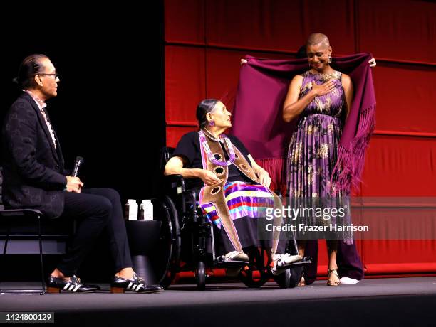 Bird Runningwater, co-chair of the Academy’s Indigenous Alliance on stage with Sacheen Littlefeather and Jacqueline Stewart, Director and President,...