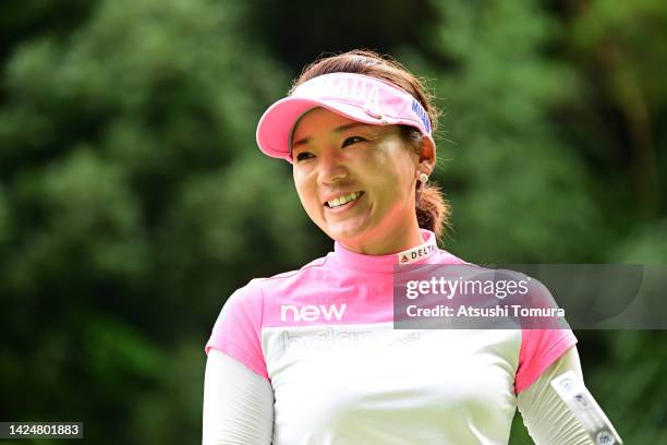 Chie Arimura of Japan smiles on the 15th green during the final round of Sumitomo Life Vitality Ladies Tokai Classic at Shin Minami Aichi Country...