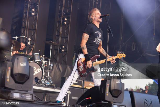 Jay Bentley of Bad Religion perform at Riot Fest in Douglass Park on September 17, 2022 in Chicago, Illinois.