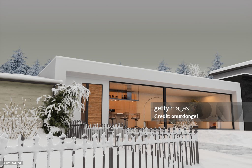Luxury Villa Exterior With Snowy Garden