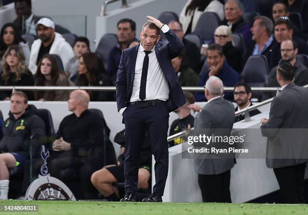 Brendan Rodgers, manager of Leicester City, reacts during the Premier League match between Tottenham Hotspur and Leicester City at Tottenham Hotspur...