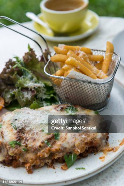 close up of chicken parmigiana with chips and salad - chicken parmigiana stockfoto's en -beelden