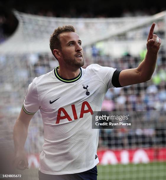 Harry Kane of Tottenham Hotspur celebrates after scoring their teams first goal during the Premier League match between Tottenham Hotspur and...