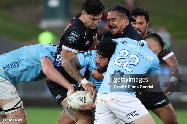 Rene Ranger of Northland under pressure during the round seven Bunnings NPC match between Northland and North Harbour at Semenoff Stadium, on...