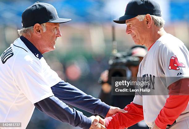 Detroit Tigers manager Jim Leyland and Boston Red Sox Manager Bobby Valentine exchange handshakes at home plate prior to the start of the game...