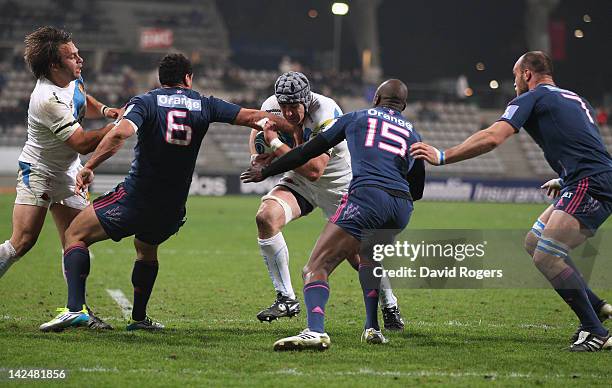 Richard Baxter of Exeter charges forward during the Amlin Challenge Cup quarter final match between Stade Francais and Exeter Chiefs at Stade...