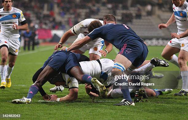 Richard Baxter of Exeter dives over the tryline but his effort was disallowed during the Amlin Challenge Cup quarter final match between Stade...