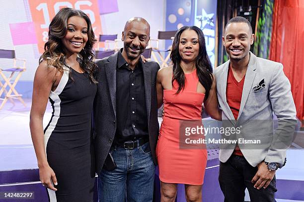 Actor Gabrielle Union, BET's Director of Programming Stephen Hill, actor Regina Hall and BET VJ Terrence Jenkins visit BET's "106 & Park" at BET...