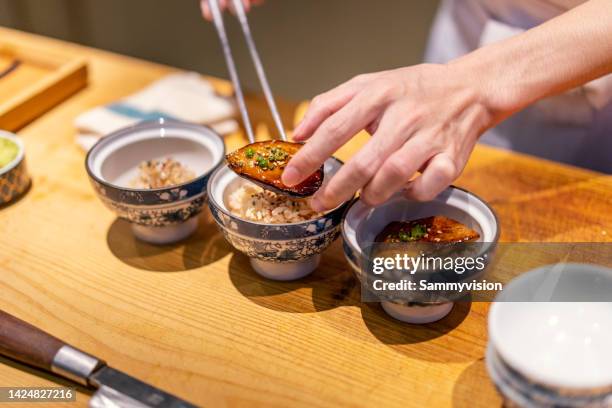 chef preparing donburi with foie gras - delicious ストックフォトと画像