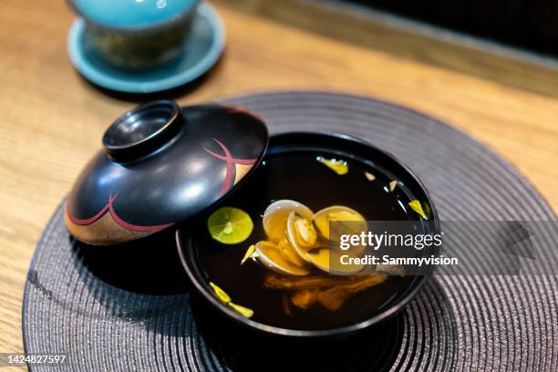 close-up of clam soup on the table - clam chowder stock pictures, royalty-free photos & images