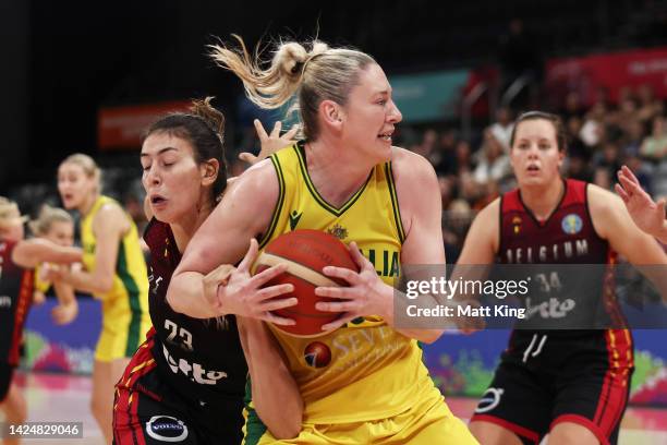 Lauren Jackson of Australia is challenged by Serena-Lynn Geldof of Belgium during the 2022 FIBA Women's Basketball World Cup Test Event match between...