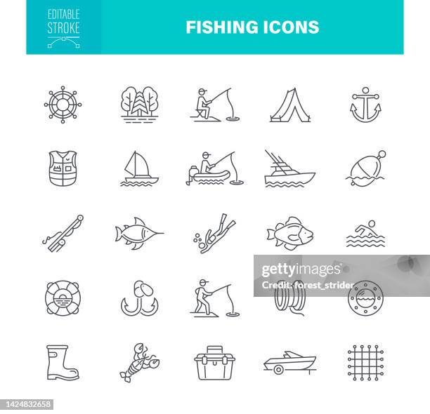 illustrations, cliparts, dessins animés et icônes de icônes de pêche trait modifiable - pêcheur