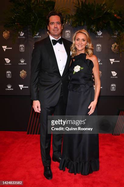 Gillon McLachlan and wife Laura Blythe attend the 2022 Brownlow Medal at Crown Entertainment Complex on September 18, 2022 in Melbourne, Australia.