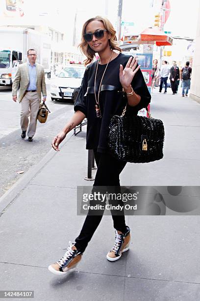 Singer Keri Hilson exits MTV studios on April 5, 2012 in New York City.