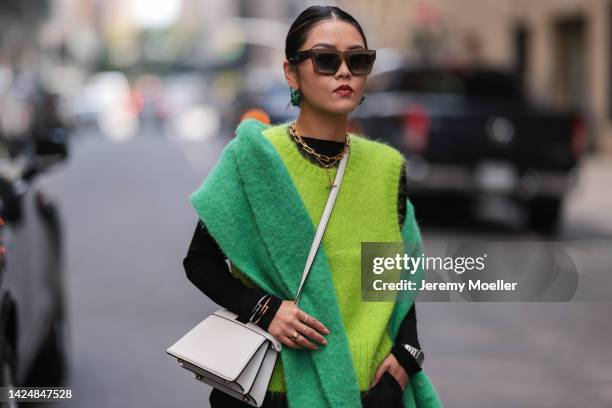 Guest is seen wearing beige sunglasses, gold necklaces, green earrings, black long sleeve top, light green knit sweater vest, green long scarf from...