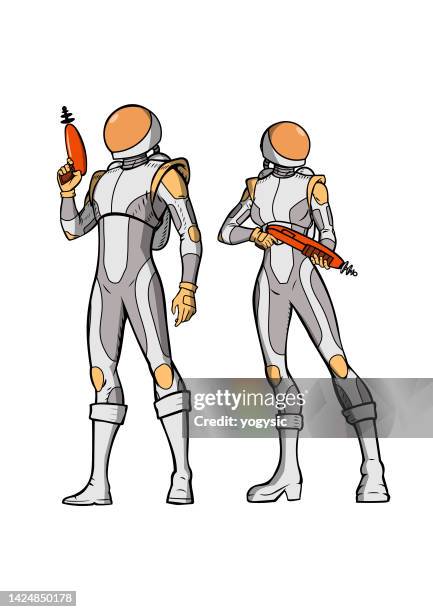 vector cut out sci-fi astronaut holding guns stock illustration - space suit stock illustrations