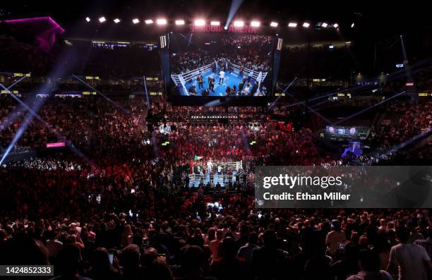 Canelo Alvarez and Gennadiy Golovkin are introduced before their super middleweight title fight at T-Mobile Arena on September 17, 2022 in Las Vegas,...