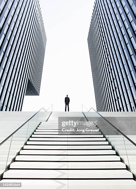 man standing on top of stairs - skyscraper top stock pictures, royalty-free photos & images