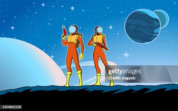 vector retro astronaut couple on a planet stock illustration - retro futurism space stock illustrations