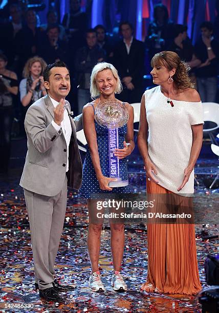 Nicola Savino, Antonella Elia and Vladimir Luxuria attend "L'Isola dei Famosi" Final on April 5, 2012 in Milan, Italy.