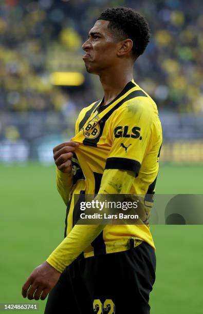 Jude Bellingham of Dortmund reacts during the Bundesliga match between Borussia Dortmund and FC Schalke 04 at Signal Iduna Park on September 17, 2022...