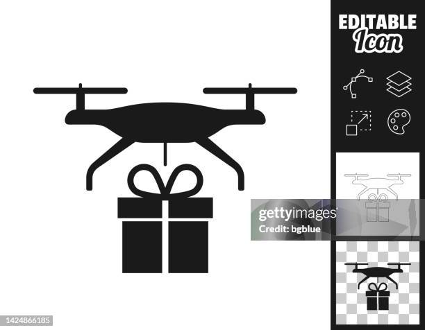 delivery drone with gift. icon for design. easily editable - helicopter hovering stock illustrations