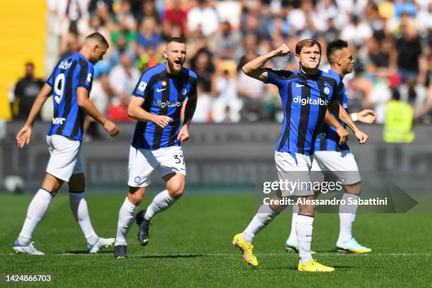 Nicolo Barella of FC Internazionale celebrates after scoring their side's first goal during the Serie A match between Udinese Calcio and FC...