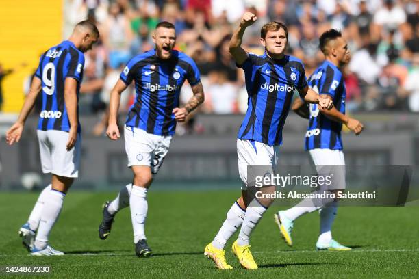 Nicolo Barella of FC Internazionale celebrates after scoring their side's first goal during the Serie A match between Udinese Calcio and FC...
