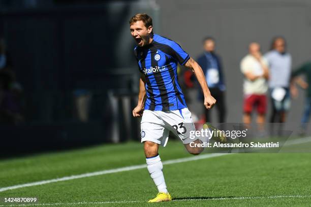 Nicolo Barella of FC Internazionale celebrates after scoring their side's first goal during the Serie A match between Udinese Calcio and FC...