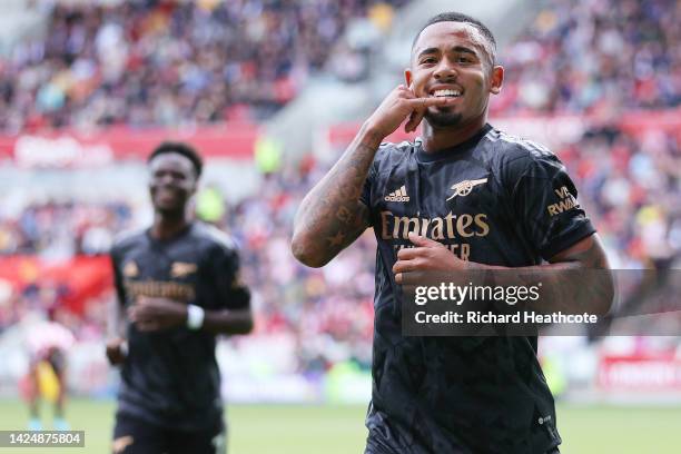 Gabriel Jesus of Arsenal celebrates after scoring their side's second goal during the Premier League match between Brentford FC and Arsenal FC at...