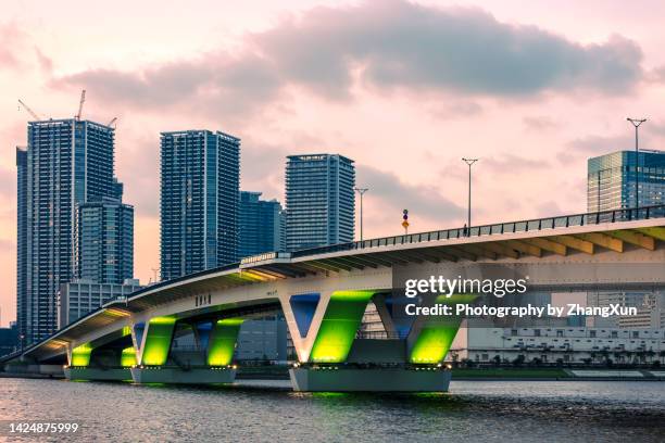 wide view of tokyo city at sunset, toyosu aera. - toyosu stock pictures, royalty-free photos & images