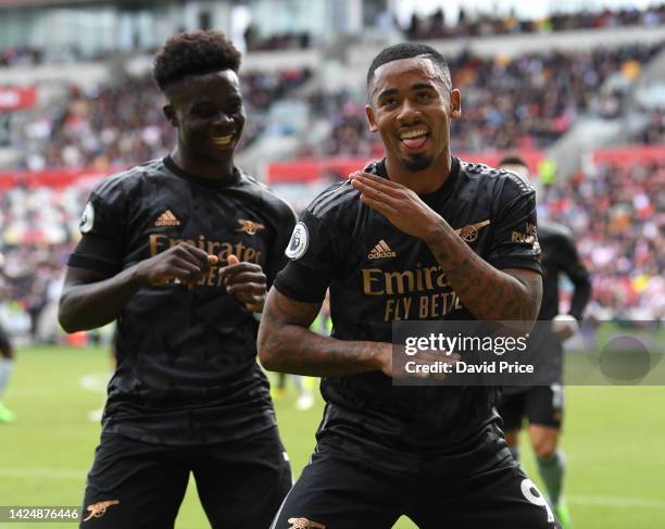 Gabriel Jesus celebrates scoring Arsenal's 2nd goal during the Premier League match between Brentford FC and Arsenal FC at Brentford Community...