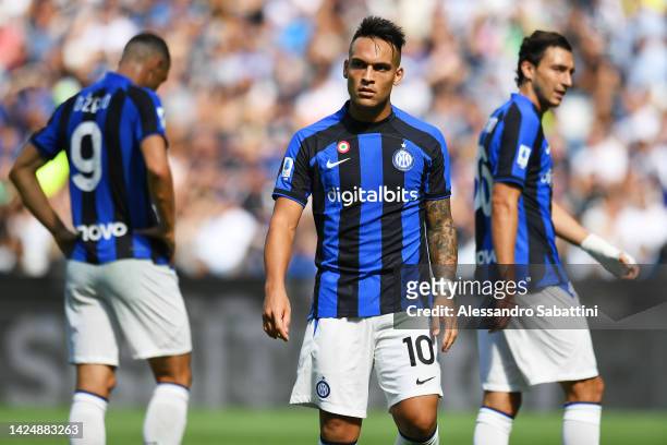 Lautaro Martinez of FC Internazionale looks on during the Serie A match between Udinese Calcio and FC Internazionale at Dacia Arena on September 18,...