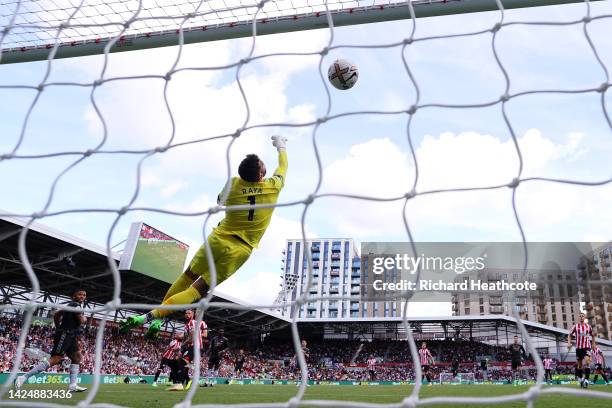 David Raya of Brentford fails to save the Arsenal second goal scored by Gabriel Jesus during the Premier League match between Brentford FC and...