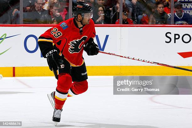 Akim Aliu of the Calgary Flames skates in his first NHL game against the Vancouver Canucks on April 5, 2012 at the Scotiabank Saddledome in Calgary,...