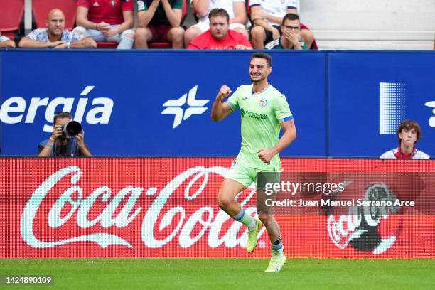 Juan Iglesias of Getafe celebrates after scoring their side's first goal during the LaLiga Santander match between CA Osasuna and Getafe CF at El...