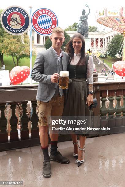 Joshua Kimmich attends with of FC Bayern Muenchen attends with Lina Meyer the Oktoberfest at Kaefer Wiesenschaenke tent at Theresienwiese on...