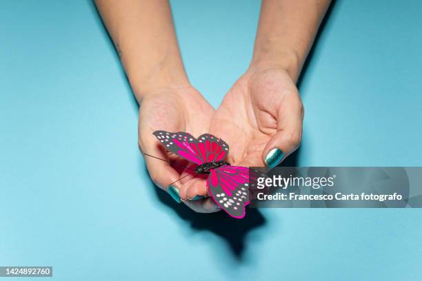 woman's hands holding fake butterfly - middle finger stock-fotos und bilder