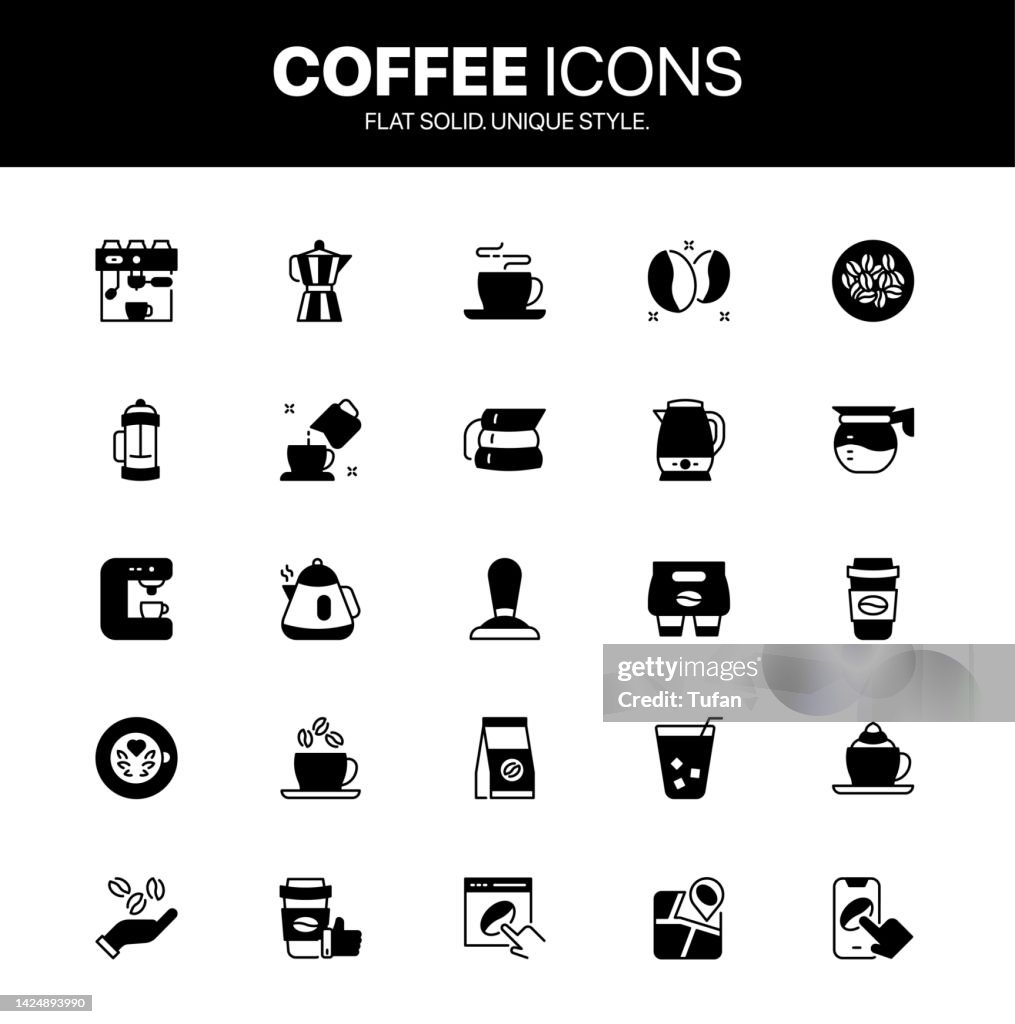 Coffee solid style icon set. Coffee Cup, Mug, Bean and Coffee Maker Machine symbol set