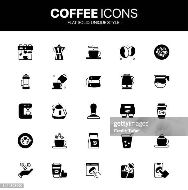 coffee solid style icon set. coffee cup, mug, bean and coffee maker machine symbol set - latte art stock illustrations