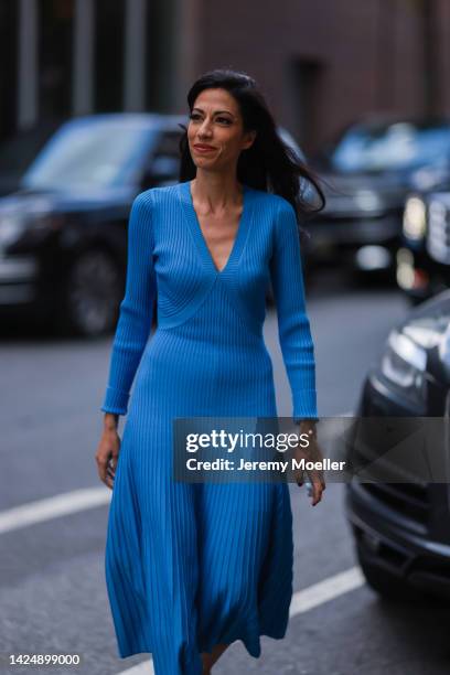 Huma Abedin is seen wearing a blue ripped Jonathan Simkhai v-neck long dress, outside Jonathan Simkhai, during New York Fashion Week on September 13,...