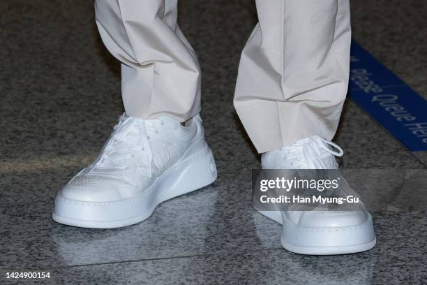 South Korean actors Lee Jung-Jae, shoe detail, is seen upon arrival at Incheon International Airport on September 18, 2022 in Incheon, South Korea.