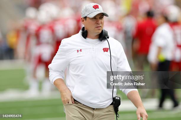Defensive coach Jim Leonhard of the Wisconsin Badgers during the game against the New Mexico State Aggies at Camp Randall Stadium on September 17,...