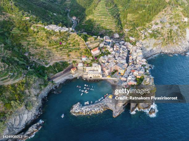 aerial drone sunset scene of vernazza is a small town in the province of la spezia, liguria, northern italy. it is the second-smallest of the famous cinque terre towns frequented by tourists. - terraced field stock pictures, royalty-free photos & images