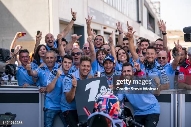 Enea Bastianini of Italy and Gresini Racing MotoGP celebrates with his team at parc ferme during the race of the MotoGP Gran Premio Animoca Brands de...