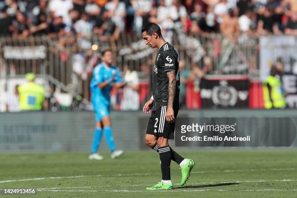 Angel Di Maria of Juventus looks dejected as they leave the field after receiving a red card during the Serie A match between AC Monza and Juventus...