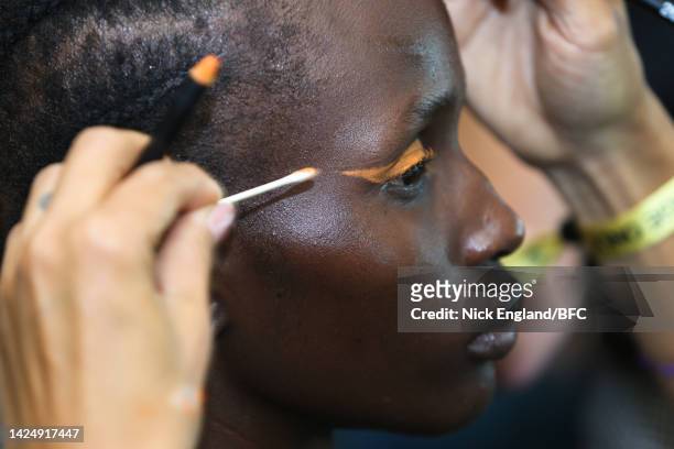 Model backstage ahead of the Halpern show during London Fashion Week September 2022 on September 18, 2022 in London, England.