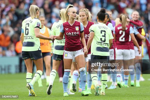 Alisha Lehmann of Aston Villa shakes hands with Steph Houghton of Manchester City following their side's victory in the FA Women's Super League match...