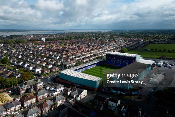 An aerial view of Prenton Park is seen ahead of the FA Women's Super League match between Liverpool FC and Chelsea FC at Prenton Park on September...