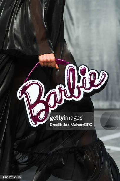 Detail of a model's bag as they walk the runway at the Halpern show during London Fashion Week September 2022 on September 18, 2022 in London,...